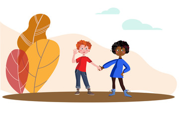 Boys and girls in full growth. Schoolchildren with backpacks set isolated vector illustration.