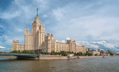 Obraz premium Beautiful view of Moscow. Panoramic view of Stalinist residential building on Moscow River embankment