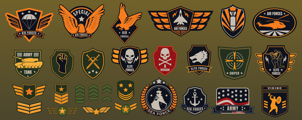 Army military badge vector illustration set. Cartoon flat militarism items collection with American soldier chevrons, patches and airborne retro label, armed forces emblems of eagles stars anchor