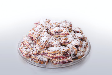 Freshly baked cake on a glass platter