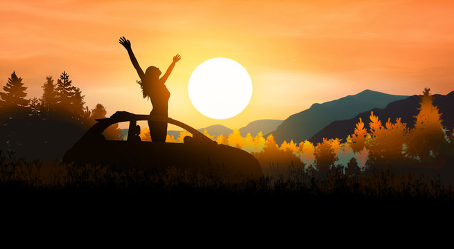 young woman comes out of the sunroof of her electric car to enjoy the sunset over the woods. Have a positive mindset.