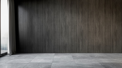 Black interior with wood wall panel and gray tile stone floor. 3d render illustration mock up.