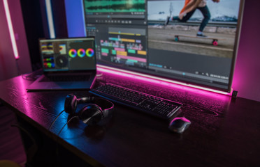 Video editing. Video production. Color Correction. Sound editing. Film making. The work of a freelancer. Equipment filmmaking. Create videos. Program for video editing.	
 - obrazy, fototapety, plakaty
