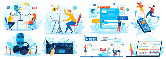 Radio DJ station vector illustration set. Cartoon flat man woman characters listen audio news or music, radio host broadcasting and communicate with listeners on studio voice DJ show isolated on white