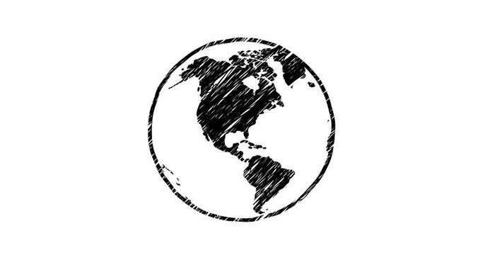 World turning, globe earth loop, 2d Animation, cartoon, clip art, illustration, vector. Web symbol in outline, black and white in sketch design.