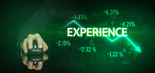 male hand holding wireless peripheral with EXPERIENCE inscription, modern business concept
