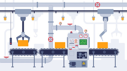 Conveyor. Industrial conveyor belt, manufacturing equipment, product transportation process, efficient automation production vector concept. Automatic production line with boxes with automatic machine