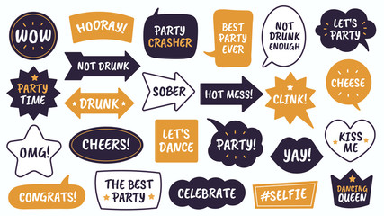 Party props. Black and yellow bubbles with funny quotes, photo booth props for masquerade, christmas and new year vector speech bubbles as party time and cheese, drunk, celebrate and sober - obrazy, fototapety, plakaty