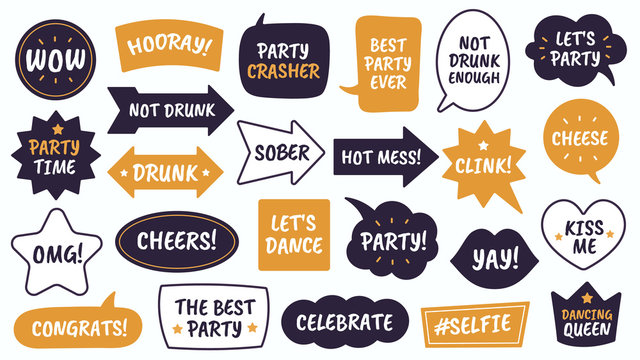 Party props. Black and yellow bubbles with funny quotes, photo booth props for masquerade, christmas and new year vector speech bubbles as party time and cheese, drunk, celebrate and sober