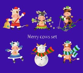 Chinese new year of the ox clip art. Merry cows doing winter activities. Set includes santa, snowman, girls with earmuffs and christmas lights, skier and snowball player. Vector illustration.