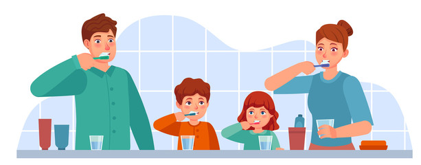 Family brush teeth. Parents and children brushing teeth together in bathroom. Parental parenting oral hygiene, dental care vector concept. Mother, father and kids with toothbrush and paste
