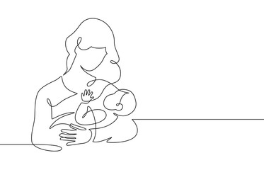 Mother and baby line. Mom hugs child. Motherhood and newborn concept. Happy woman holds toddler continuous one line vector illustration. Parent loving kid, happy mother day design for card