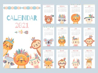 Tribal animal calendar. Monthly 2021 calendar with cute forest animals, savanna characters. Bear, fox and lion, rabbit, giraffe vector image. Characters with feathers and flowers on head