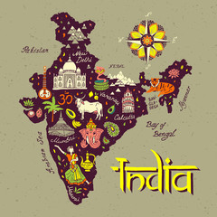 Illustrated map of India. Set of national symbols and elements of architecture and culture