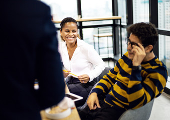 Happiness young business teamwork partnership talking and discuss in the office.