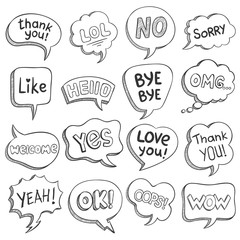 Speech bubbles with dialog words. Sketch bubble different shapes with message, short phrases thank you, bye, ok, omg, wow, lol vector set. Comic balloons for thought, idea, comment