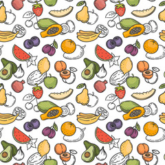 Doodle fruits seamless pattern. Hand drawn exotic fruits mango, orange and lemon, watermelon, banana and kiwi wallpaper vector texture. Tasty sweet food with vitamins as palm, strawberry, pear