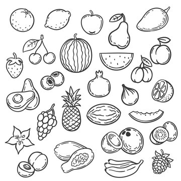 Doodle fruits. Hand drawn outline berry apricot, banana and pear, cherry. Apple, strawberry and grape, lime organic food sketch vector set. Tropical and garden summer fruits with vitamins