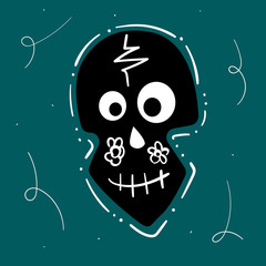 Happy Halloween hand drawn illustration with cute funny skull. Dia de los muertos and Day of the dead. Stock vector cartoon style for banner, poster, greeting card, party invitation.  Dark background.