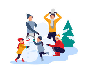 Obraz premium Winter activities. Happy family making snowman. Parents with children spending time in snowy park. Active recreation, leisure on vacation. Winter holidays and fun vector illustration