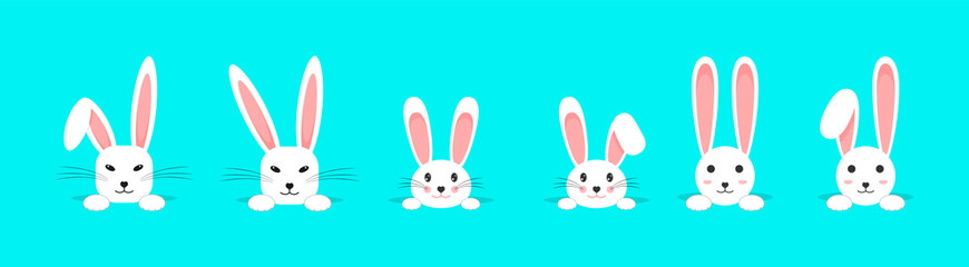 Set of Easter white rabbits looking out of the mink. Rabbit ears. Beautiful, cute rabbit. Vector illustration