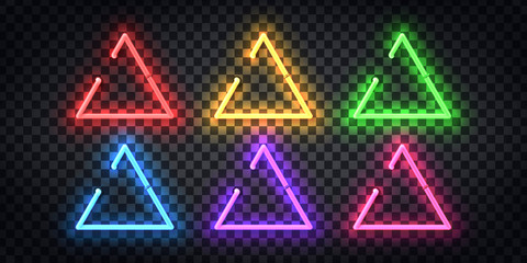 Vector set of realistic isolated neon sign of colorful triangle frame for template and layout on the transparent background.