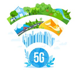 5G internet networking communication vector illustration. Cartoon flat 5g network logo under smart modern city, farm nature countryside landscape, global telecommunication concept isolated on white