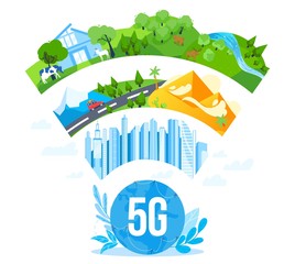 Fototapeta premium 5G internet networking communication vector illustration. Cartoon flat 5g network logo under smart modern city, farm nature countryside landscape, global telecommunication concept isolated on white
