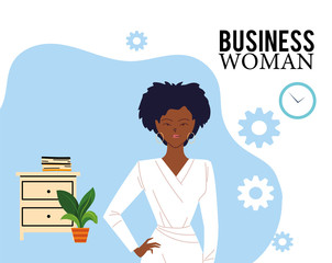 black businesswoman cartoon with files on furniture and plant vector design