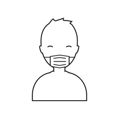Boy with a protective mask on his face. Outline icon. Vector illustration