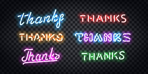 Vector set of realistic isolated neon sign of Thanks typography logo for template decoration and layout covering on the transparent background.
