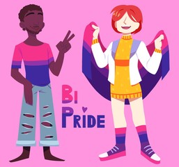 Two bisexual people, bi pride. Woman holding flag. Equality of sexuality, diversity