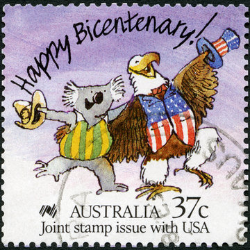 AUSTRALIA - 1988: shows Caricature of an Australian koala and American Bald Eagle, Australia bicentennial, 1988