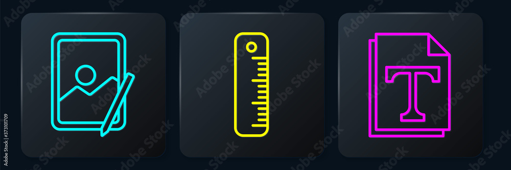 Fototapete set line graphic tablet, text file document and ruler. black square button. vector.