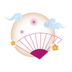 Hand fan on moon with clouds of mid autumn harvest festival vector design
