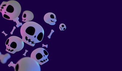 3D rendering pile of cute skulls and bones on dark purple color background concept art for Halloween event