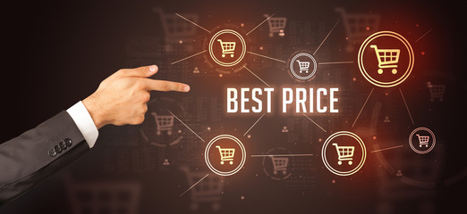 Close-Up of cropped hand pointing at BEST PRICE inscription, online shopping concept