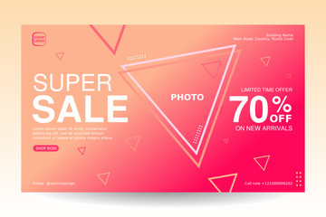 Rectangle banner template background. Its make gradient pink color with triangle shape and dots. Suitable for web banner ads, web header, flyer and social media post promotion with photo collage