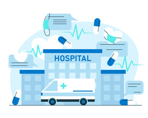 Medical care concept. Vector illustration of a hospital building exterior, ambulance car and other medicine equipment and tools, like mask, pills, heart and cardiogram. Medicine, health care, hospital