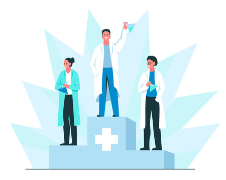 Discovery of a vaccine concept. Vector illustration of three happy smiling scientists on the podium with chemical flasks in their hands. Medical research, successful vaccine development, recognition