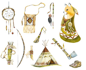 North American Indians. Watercolor hand drawns illustration