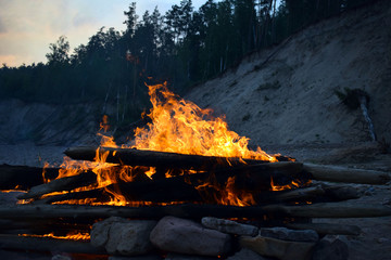 outdoor bonfire. Security breach. Destructive fire. The blazing flames of a fire in the forest. - 373105721