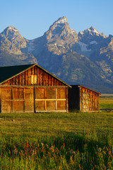 Fototapeta na wymiar Sunrise over Mormon Row in Grand Teton National Park with the mountains in the background in Wyoming, United States