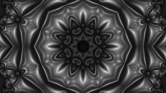animation of a floral fractal background in black and white with the transformation into different forms of an abstract flower in the center of the composition