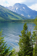 View of Jenny Lake in summer in Grand Teton National Park in Wyoming, United States