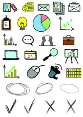 Set of 28 hand-drawn business icons. Vector round circles for highlighting messages, notes and other elements on the web or info graphics.