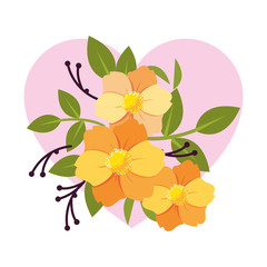 orange flowers with leaves in front of heart vector design