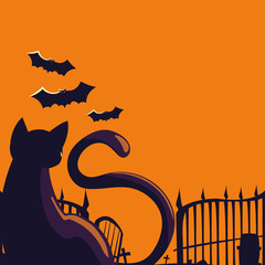 Halloween cat and bats at cemetery vector design