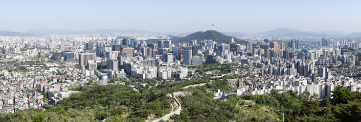 Aerial Panoramic View of Downtown Seoul on a Clear Summer Day - Seoul, South Korea