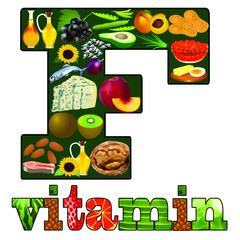 Illustration of vitamin F one in plant and animal products located in the letter
